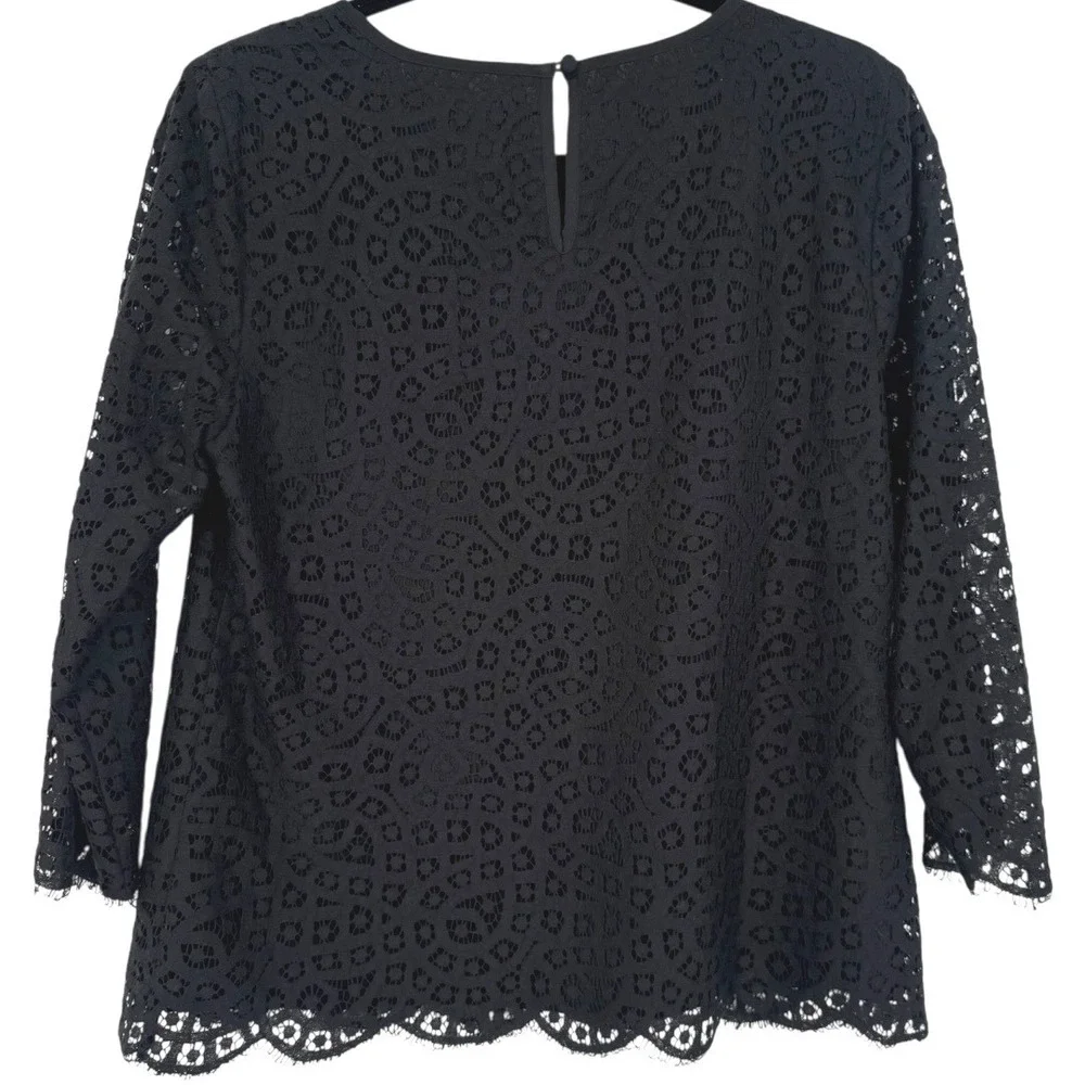 J. Crew Women's Black Eyelet Lace 3/4 Sleeve Blouse‎ Top Size 8 Preppy Feminine